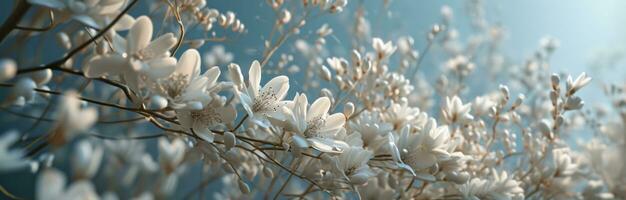 ai gegenereerd een achtergrond van wit bloemen Aan een blauw achtergrond foto