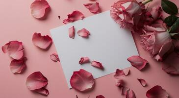 ai gegenereerd een blanco papier en roos bloemblaadjes Aan een roze achtergrond foto