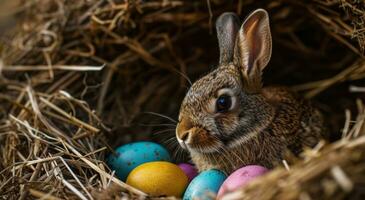 ai gegenereerd een bruin konijn in een nest met helder gekleurde eieren foto