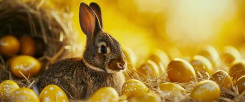 ai gegenereerd een bundel van bruin konijnen met geel Pasen eieren Aan een oranje achtergrond foto