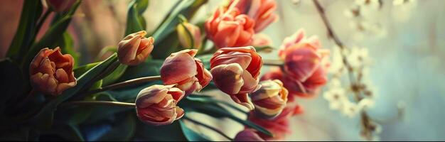 ai gegenereerd een bundel van tulpen zijn geplaatst in een arrangement foto