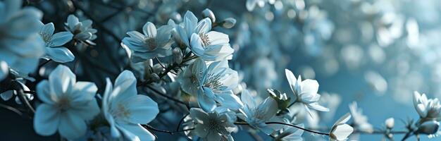 ai gegenereerd een achtergrond van wit bloemen Aan een blauw achtergrond foto