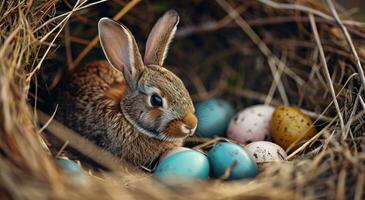 ai gegenereerd een bruin konijn in een nest met helder gekleurde eieren foto