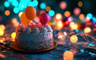 ai gegenereerd een verjaardag taart met ballonnen in het foto