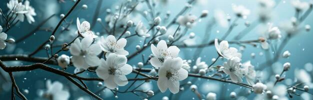 ai gegenereerd een achtergrond van wit bloemen Aan een blauw achtergrond foto