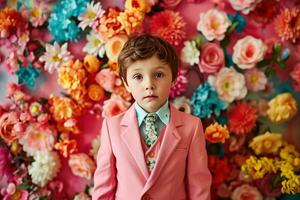 ai gegenereerd een kort jongen vervelend een kleding gemaakt van een roze pak, stropdas en broek foto