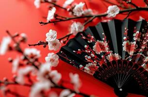 ai gegenereerd een papier ventilator met wit bloesems en rood ontwerp achtergrond Aan een rood achtergrond foto