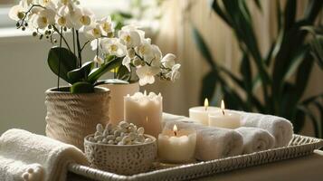 ai gegenereerd een dienblad met kaarsen en handdoeken, potten van bloemen en planten Aan het foto