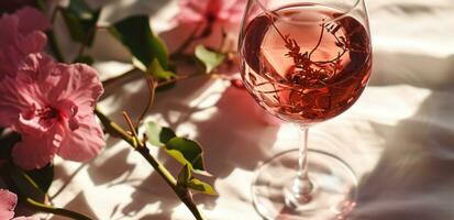 ai gegenereerd een glas van roos wijn naast sommige roze bloemen foto