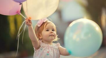 ai gegenereerd een kleuter Holding omhoog een bundel van kleurrijk ballonnen foto