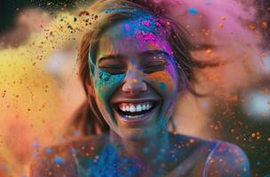 ai gegenereerd een glimlachen vrouw met kleurrijk poeder in de omgeving van haar foto