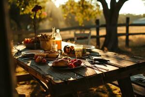 ai gegenereerd een buitenshuis dining tafel met voedsel Aan het in een platteland instelling foto