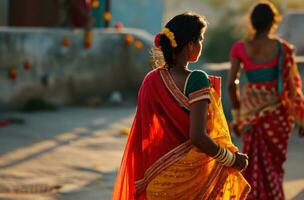 ai gegenereerd een Indisch vrouw wandelen met een Indisch vrouw in helder kleuren foto