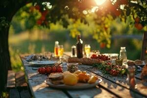 ai gegenereerd een buitenshuis dining tafel met voedsel Aan het in een platteland instelling foto