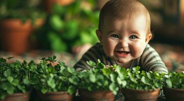 ai gegenereerd baby jongen likken sommige groen klavers foto