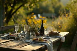 ai gegenereerd een buitenshuis dining tafel met voedsel Aan het in een platteland instelling foto