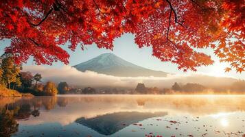 ai gegenereerd fuji berg en meer kawaguchiko in herfst seizoen, Japan foto