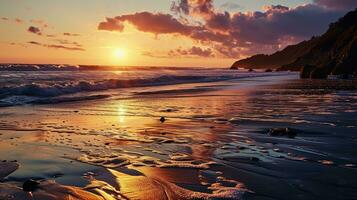 ai gegenereerd mooi zonsondergang Aan de strand. zee golven en spatten. foto