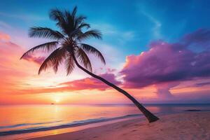 ai gegenereerd mooi natuur tropisch strand en zee met kokosnoot palm boom Bij zonsondergang tijd voor reizen en vakantie foto