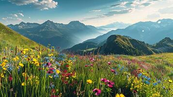 ai gegenereerd kleurrijk weide met wilde bloemen en bergen in de achtergrond foto