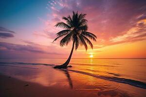 ai gegenereerd mooi natuur tropisch strand en zee met kokosnoot palm boom Bij zonsondergang tijd voor reizen en vakantie foto