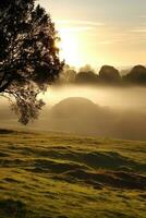 ai gegenereerd zonsopkomst over- een megalithisch graf foto