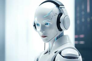 ai gegenereerd robot humanoid werken Aan een computer in een nachtclub foto