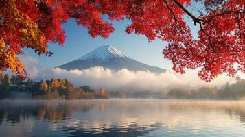 ai gegenereerd fuji berg en meer kawaguchiko in herfst seizoen, Japan foto