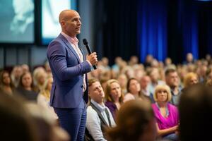 ai gegenereerd spreker geven een praten Bij bedrijf conferentie. publiek Bij de conferentie hal. bedrijf en ondernemerschap. foto