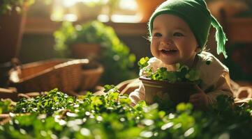 ai gegenereerd baby jongen likken sommige groen klavers foto