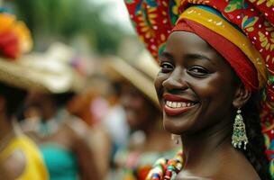 ai gegenereerd carnaval meisje glimlachen voor de camera Bij een optocht foto