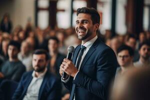 ai gegenereerd spreker geven een praten Bij bedrijf conferentie. publiek Bij de conferentie hal. bedrijf en ondernemerschap. foto