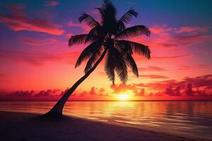 ai gegenereerd mooi natuur tropisch strand en zee met kokosnoot palm boom Bij zonsondergang tijd voor reizen en vakantie foto