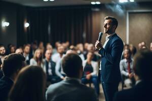 ai gegenereerd spreker geven een praten Bij bedrijf conferentie. publiek Bij de conferentie hal. bedrijf en ondernemerschap. foto