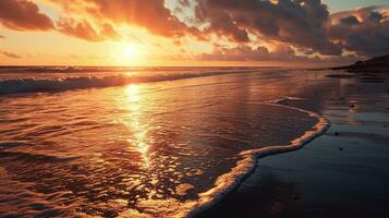 ai gegenereerd mooi zonsondergang Aan de strand. zee golven en spatten. foto