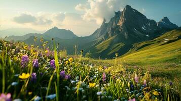 ai gegenereerd kleurrijk weide met wilde bloemen en bergen in de achtergrond foto