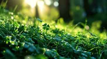 ai gegenereerd groen gras behang met klavers foto