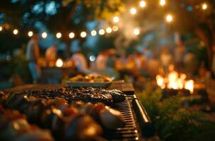 ai gegenereerd grillen Bij een buiten partij met mensen in de omgeving van foto