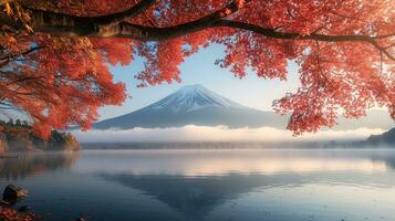 ai gegenereerd fuji berg en meer kawaguchiko in herfst seizoen, Japan foto