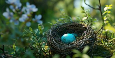 ai gegenereerd een Pasen eieren nest in een tuin foto