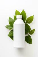 ai gegenereerd blanco kunstmatig fles met groen bladeren Aan wit achtergrond foto