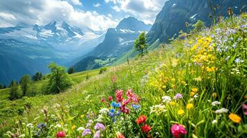 ai gegenereerd kleurrijk weide met wilde bloemen en bergen in de achtergrond foto