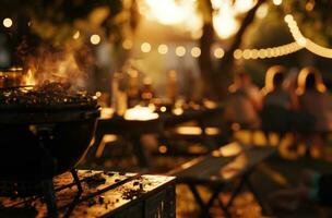 ai gegenereerd grillen Bij een buiten partij met mensen in de omgeving van foto