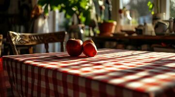 ai gegenereerd rood en wit katoenen stof tafel Hoes Aan de tafel in voorjaar foto