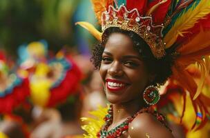 ai gegenereerd portret van mooi vrouw glimlachen Bij camera Aan carnaval dag samba evenement foto