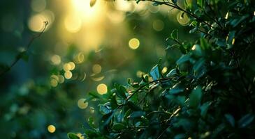 ai gegenereerd sommige groen bladeren met licht weerspiegeld foto