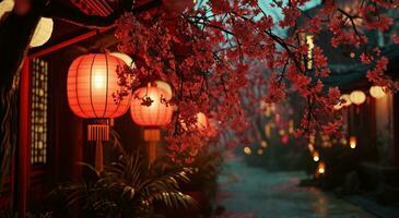 ai gegenereerd rood lantaarn hangende van de straat Bij nacht foto