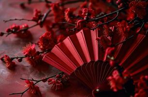 ai gegenereerd rood papier ventilator met rood bloeit, Pasen foto