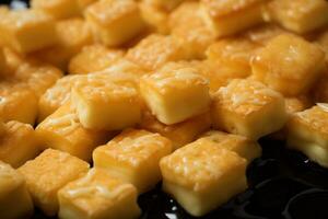 ai gegenereerd detailopname van een bord van geel kaas kubussen. foto