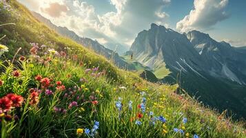 ai gegenereerd kleurrijk weide met wilde bloemen en bergen in de achtergrond foto